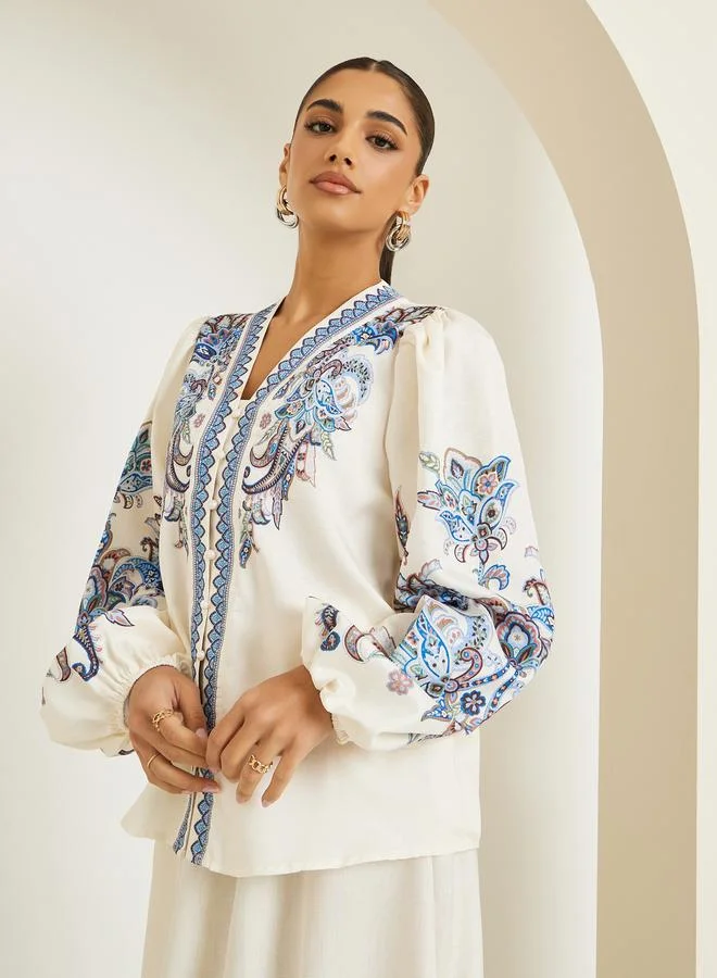 Styli Women Cream Placement Printed Blouse